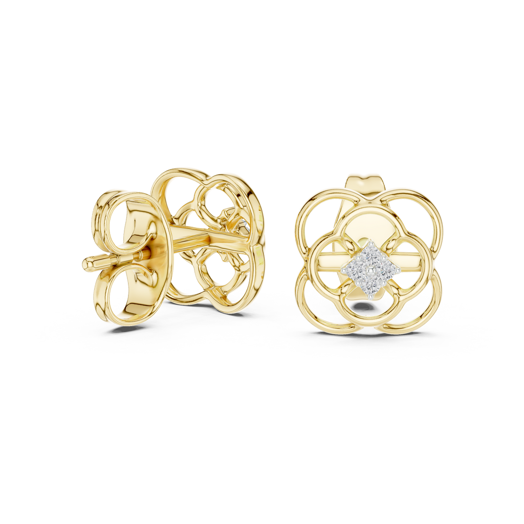 Floral Clover Diamond Stud Earrings in Gold