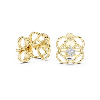 Floral Clover Diamond Stud Earrings in Gold