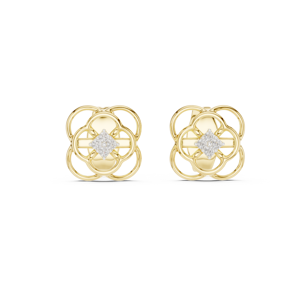 Floral Clover Diamond Stud Earrings in Gold