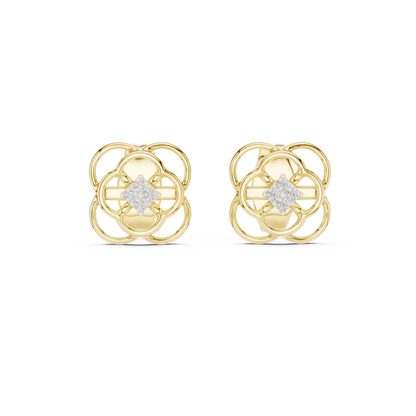 Floral Clover Diamond Stud Earrings in Gold