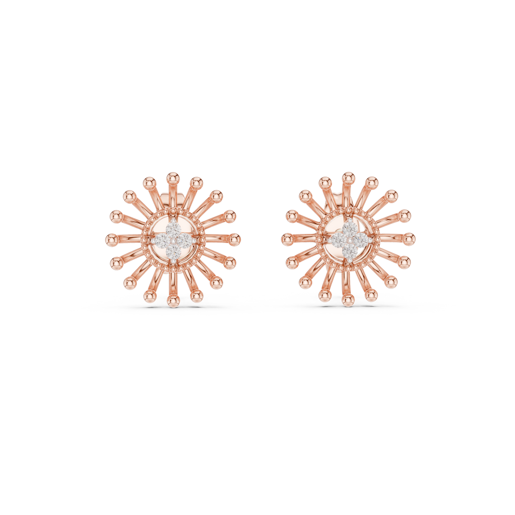Gold Beaded Sun Halo Earrings with Four-Stone Diamond