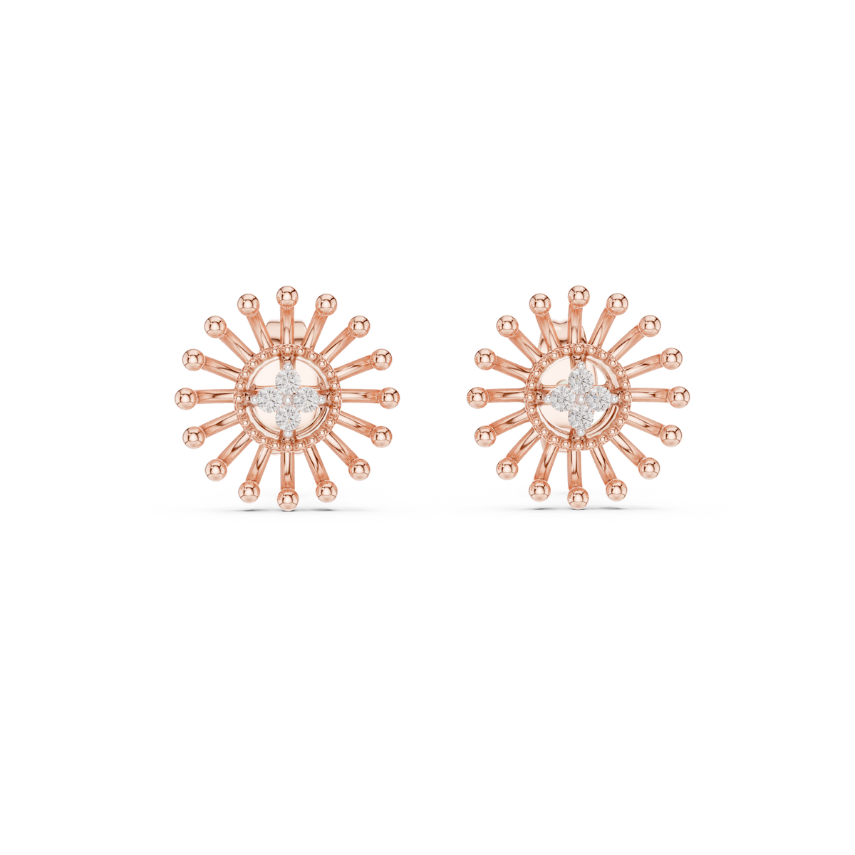 Gold Beaded Sun Halo Earrings with Four-Stone Diamond