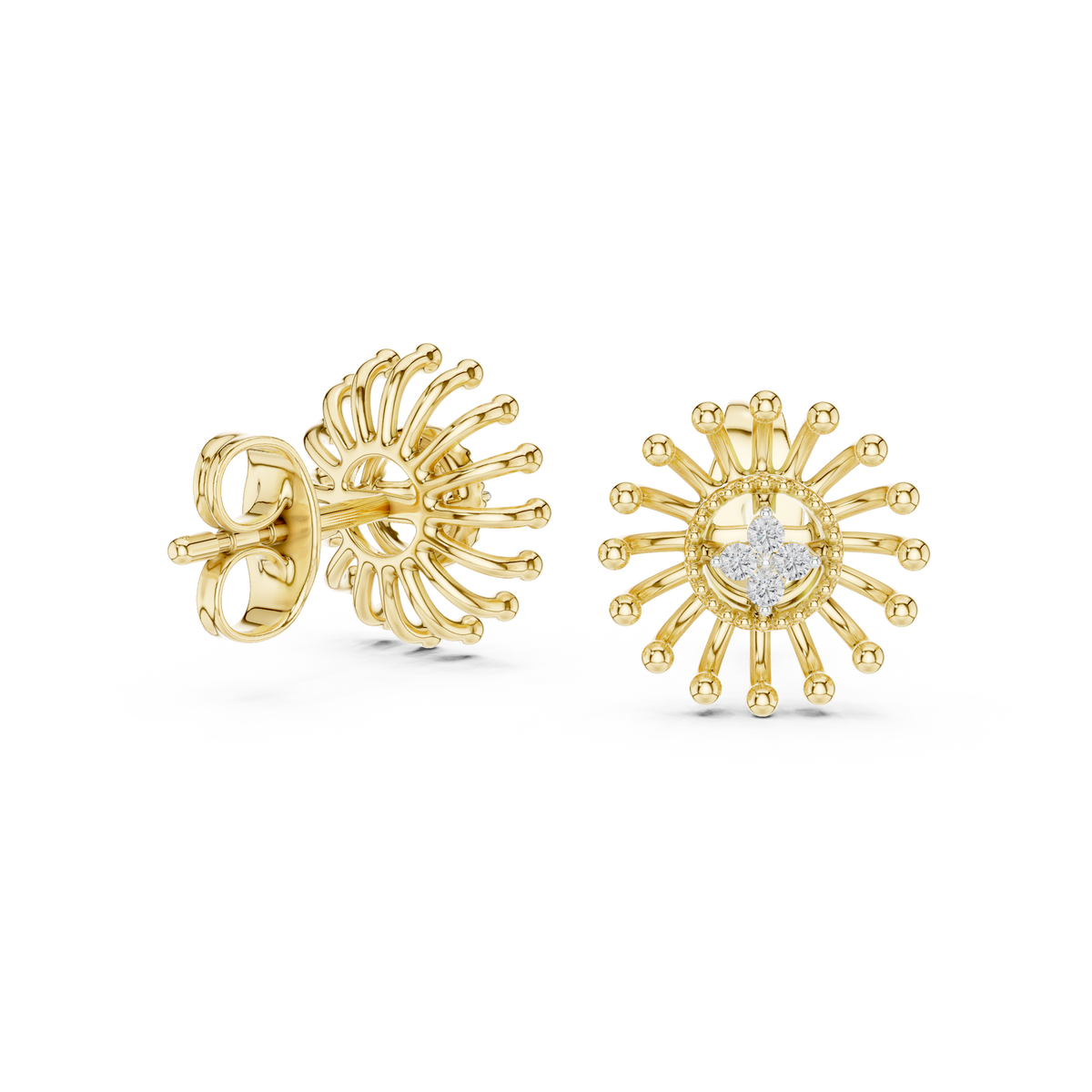 Gold Beaded Sun Halo Earrings with Four-Stone Diamond