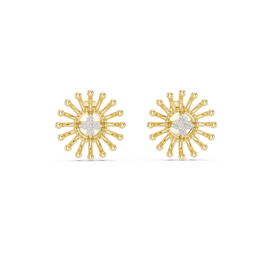 Gold Beaded Sun Halo Earrings with Four-Stone Diamond
