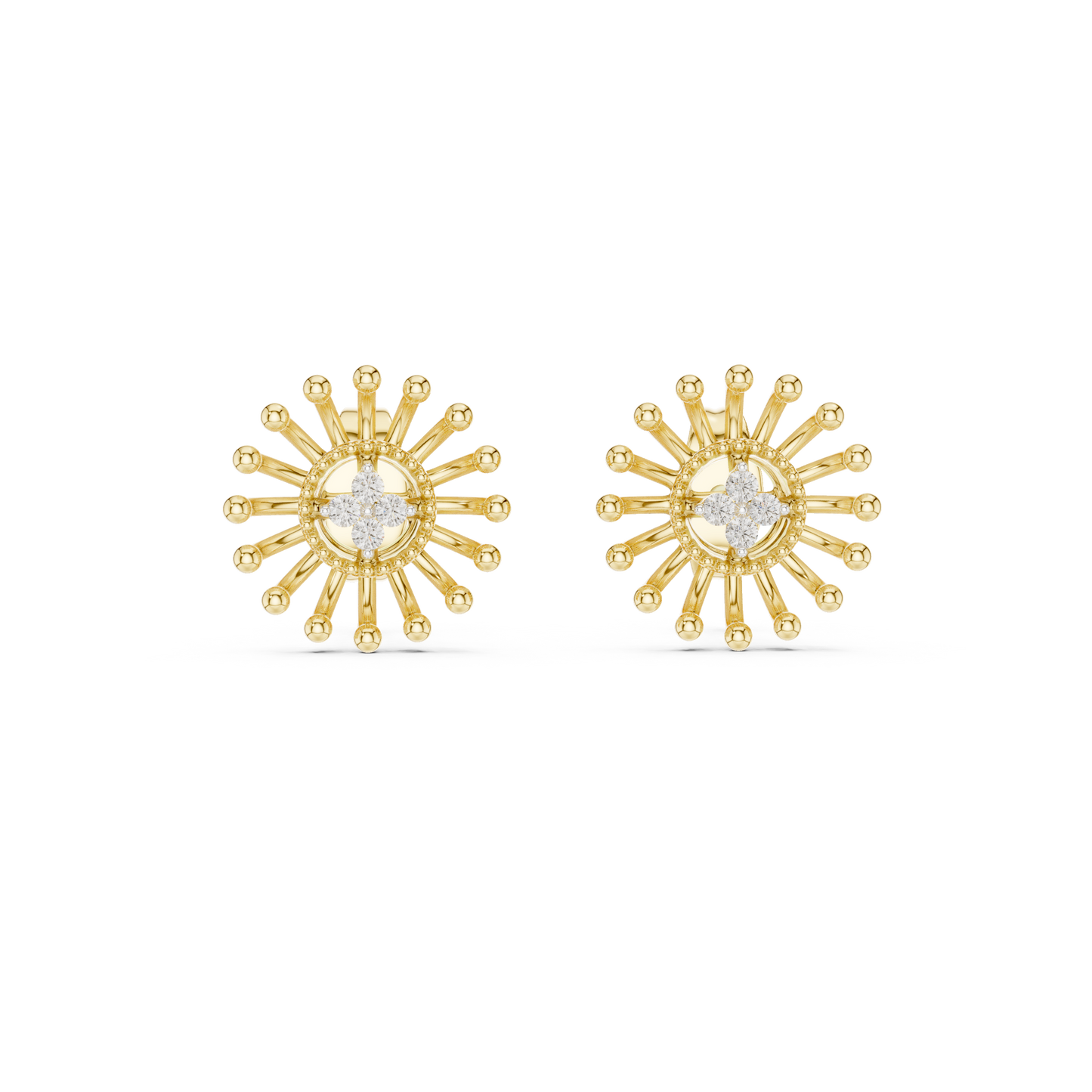 Gold Beaded Sun Halo Earrings with Four-Stone Diamond