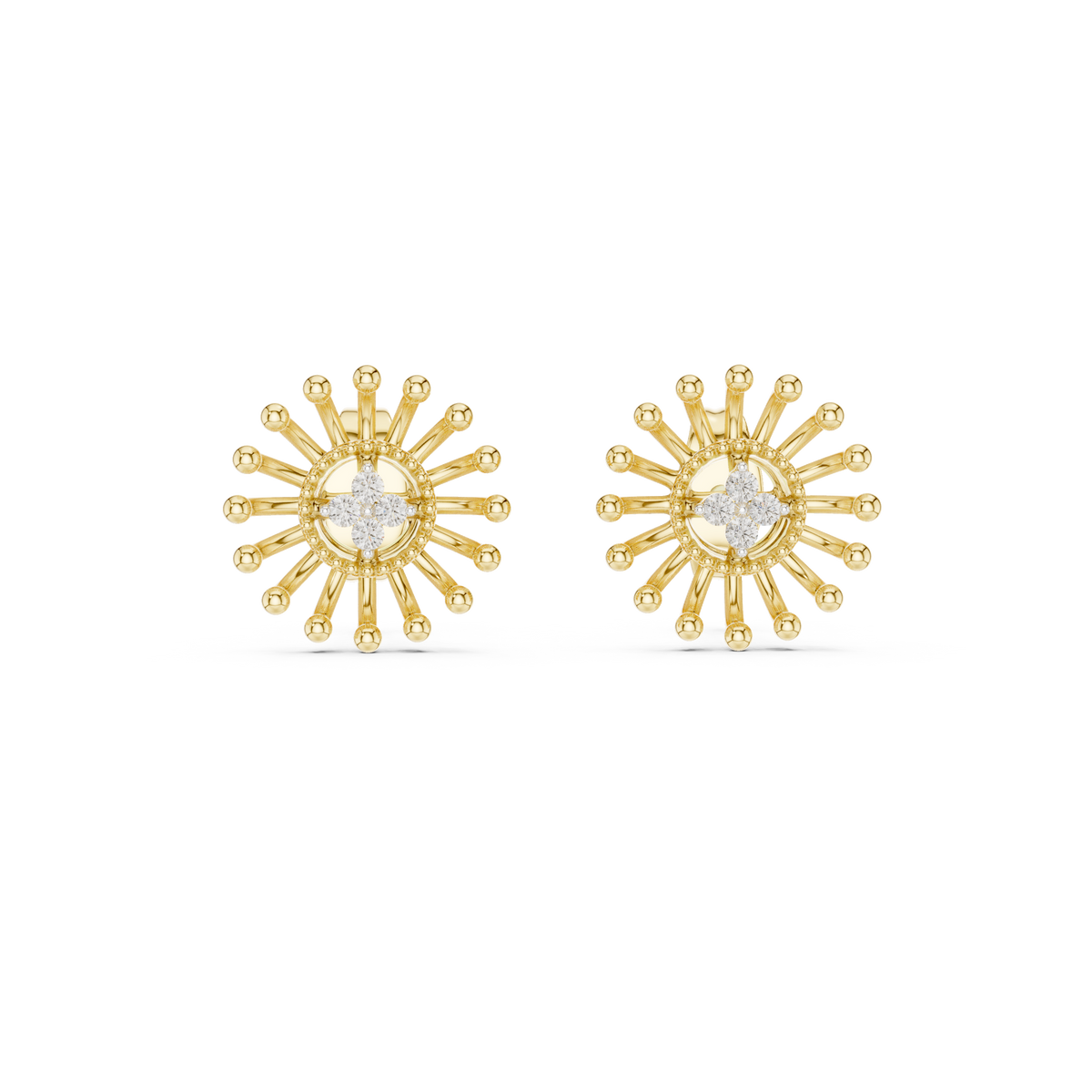 Gold Beaded Sun Halo Earrings with Four-Stone Diamond