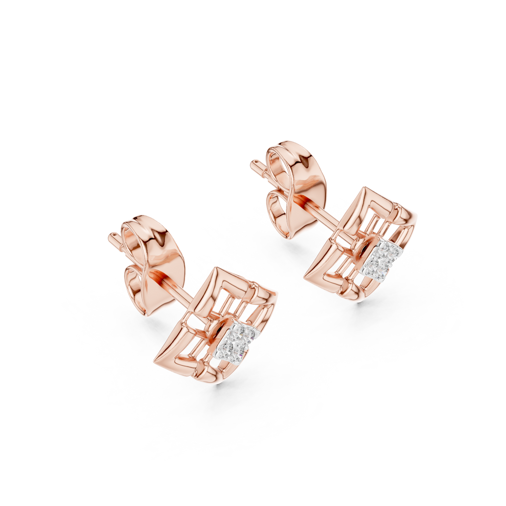Stylish Lattice Design Gold Diamond Stud Earrings