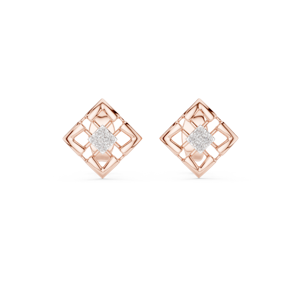Stylish Lattice Design Gold Diamond Stud Earrings