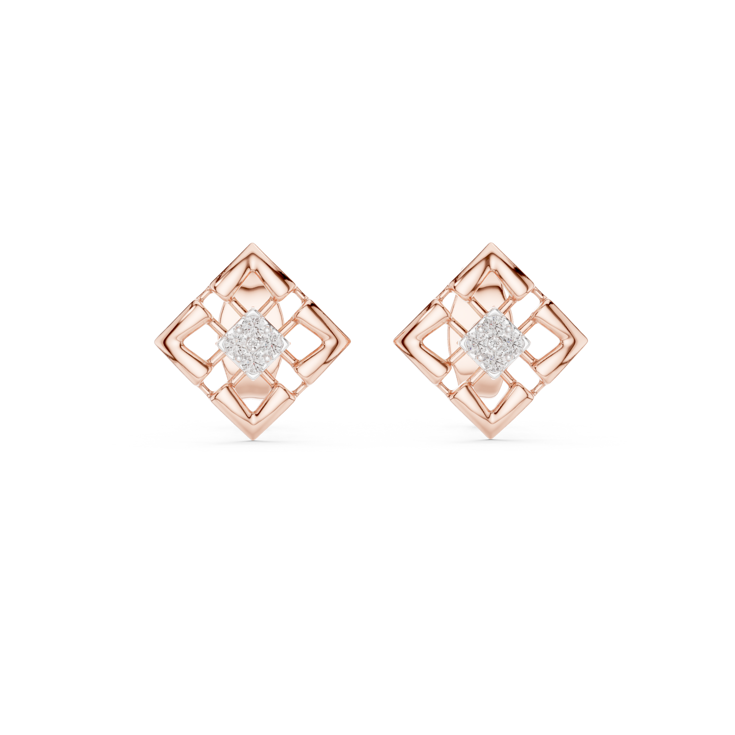Stylish Lattice Design Gold Diamond Stud Earrings