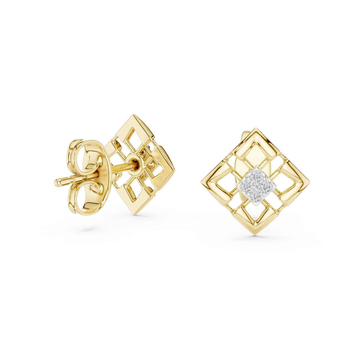 Stylish Lattice Design Gold Diamond Stud Earrings