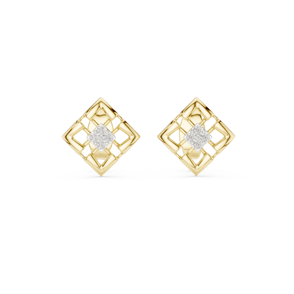 Stylish Lattice Design Gold Diamond Stud Earrings
