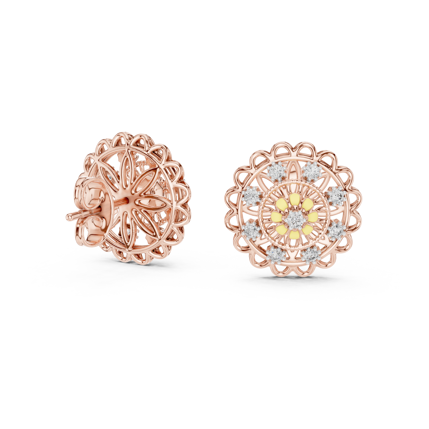 18K Gold Floral Diamond Stud Earrings for Women