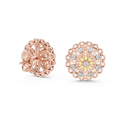 18K Gold Floral Diamond Stud Earrings for Women