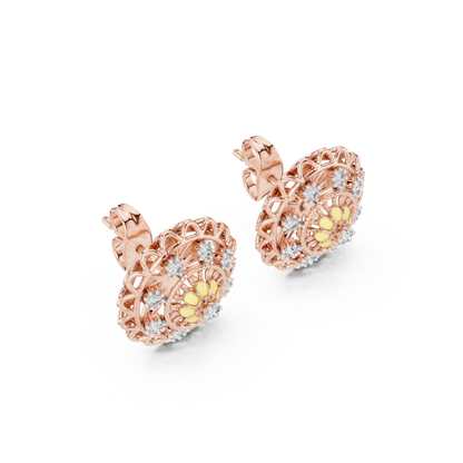 18K Gold Floral Diamond Stud Earrings for Women