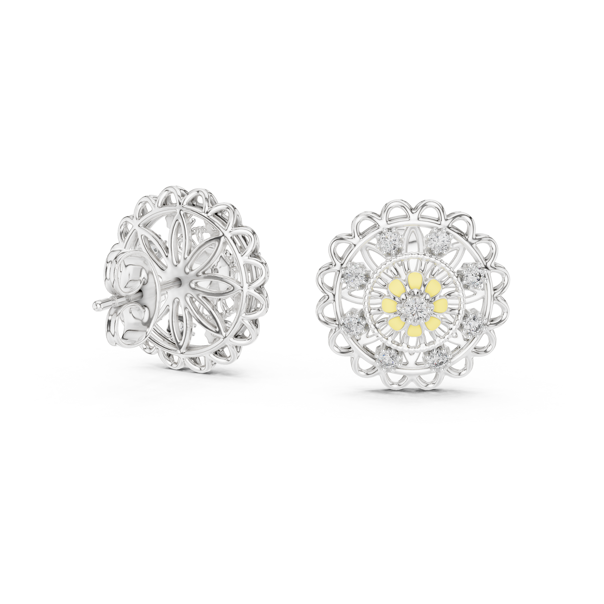 18K Gold Floral Diamond Stud Earrings for Women
