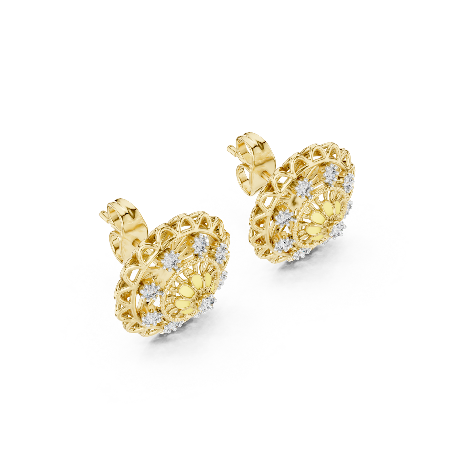 18K Gold Floral Diamond Stud Earrings for Women
