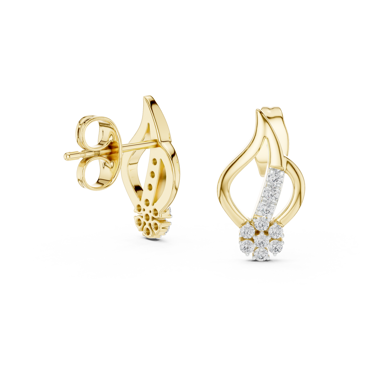 Stylish Flame Shape Gold & Diamond Stud Earrings