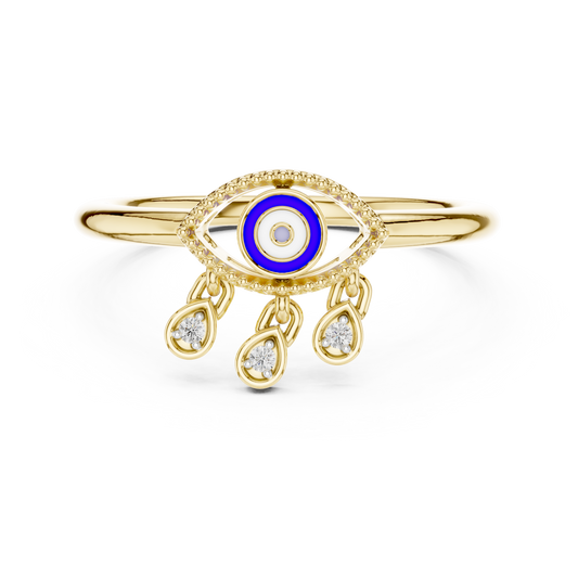 Elegant Blue Evil Eye Ring with Diamond Charms