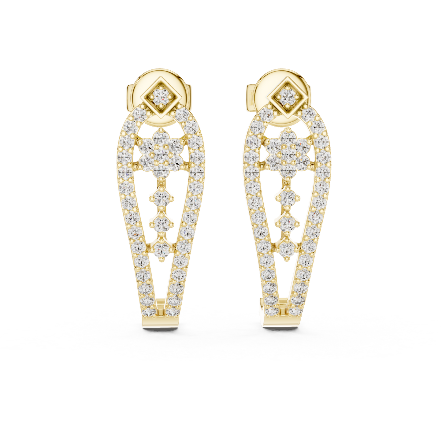 Sparkling Diamond Gold Hoop Earrings | Floral Design Earrings