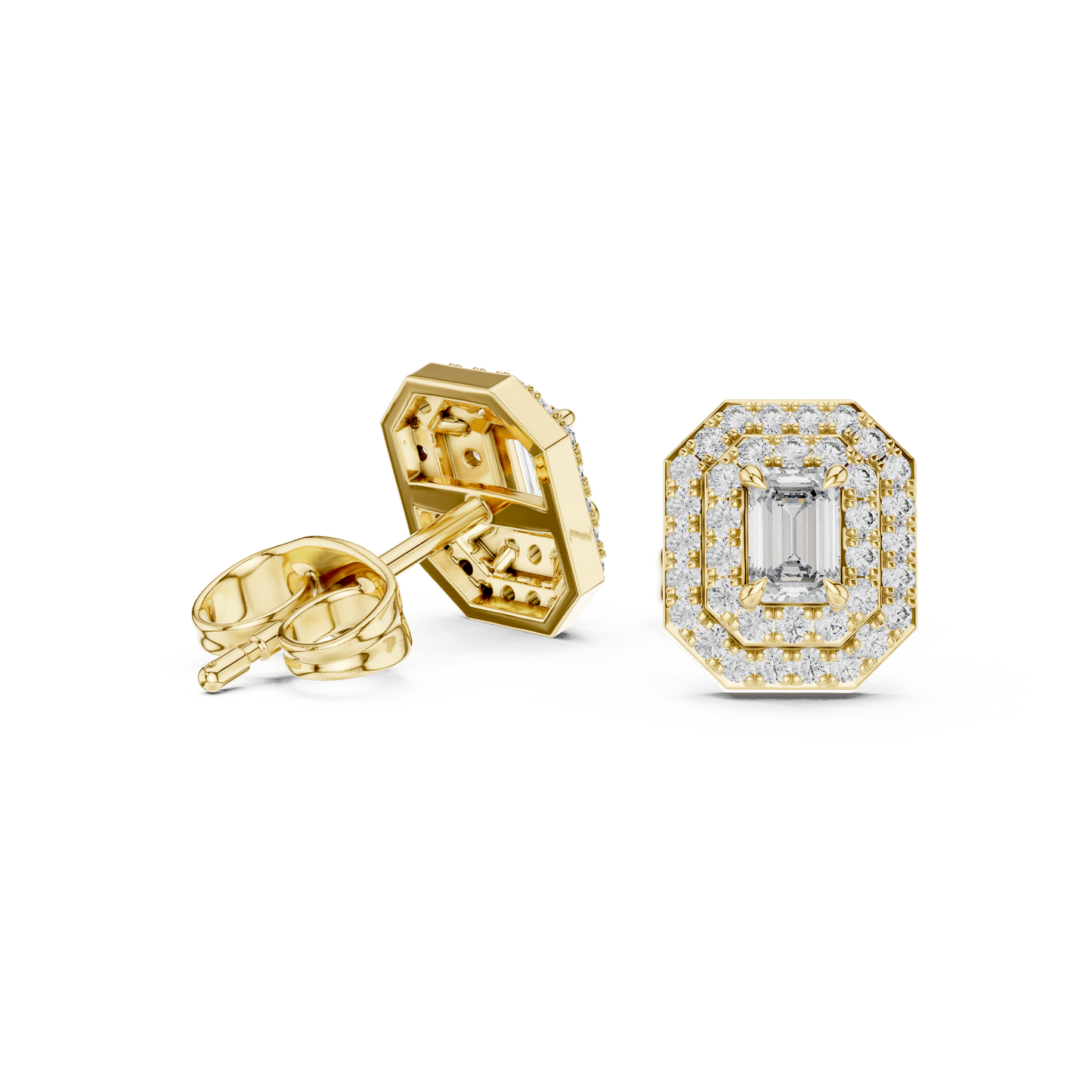 Elegant Yellow Gold Emerald Cut Diamond Earrings.