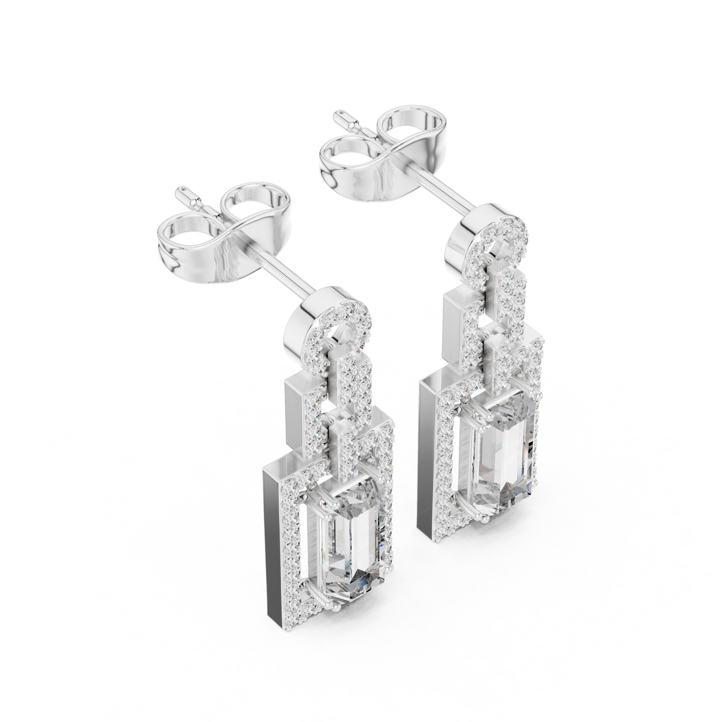 Elegant White Gold Drop Earrings Featuring Emerald Cut Diamonds