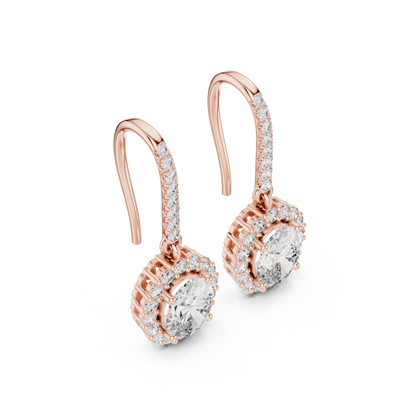 Rose Gold Diamond Dangle Earrings | Timeless Oval Halo Design