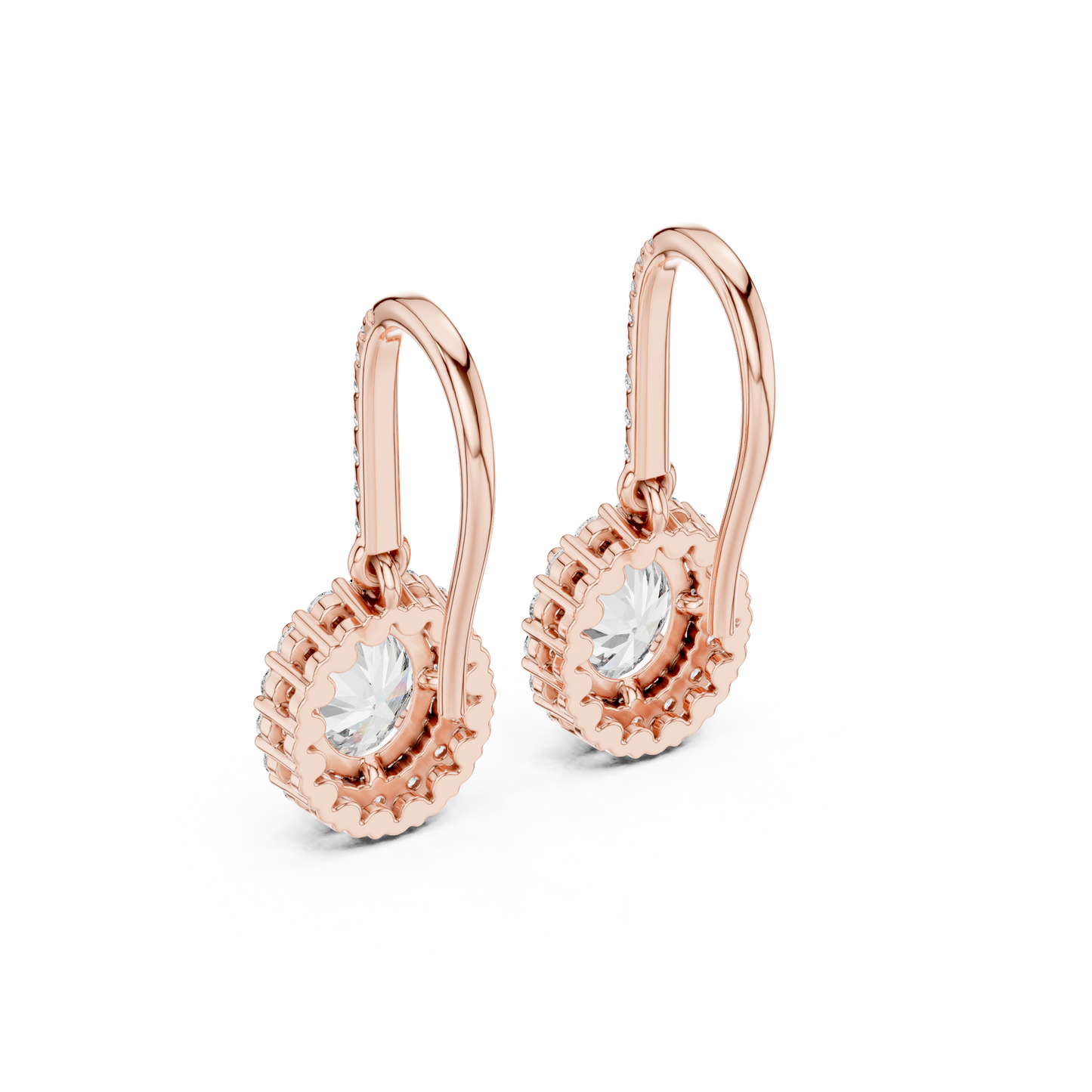 Rose Gold Diamond Dangle Earrings | Timeless Oval Halo Design