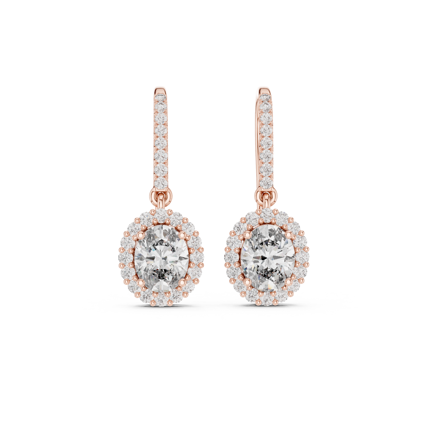 Rose Gold Diamond Dangle Earrings | Timeless Oval Halo Design