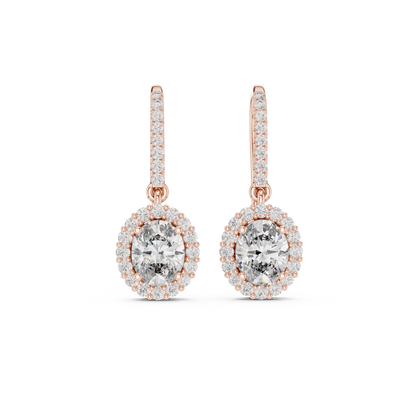 Rose Gold Diamond Dangle Earrings | Timeless Oval Halo Design