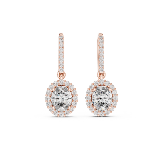 Rose Gold Diamond Dangle Earrings | Timeless Oval Halo Design