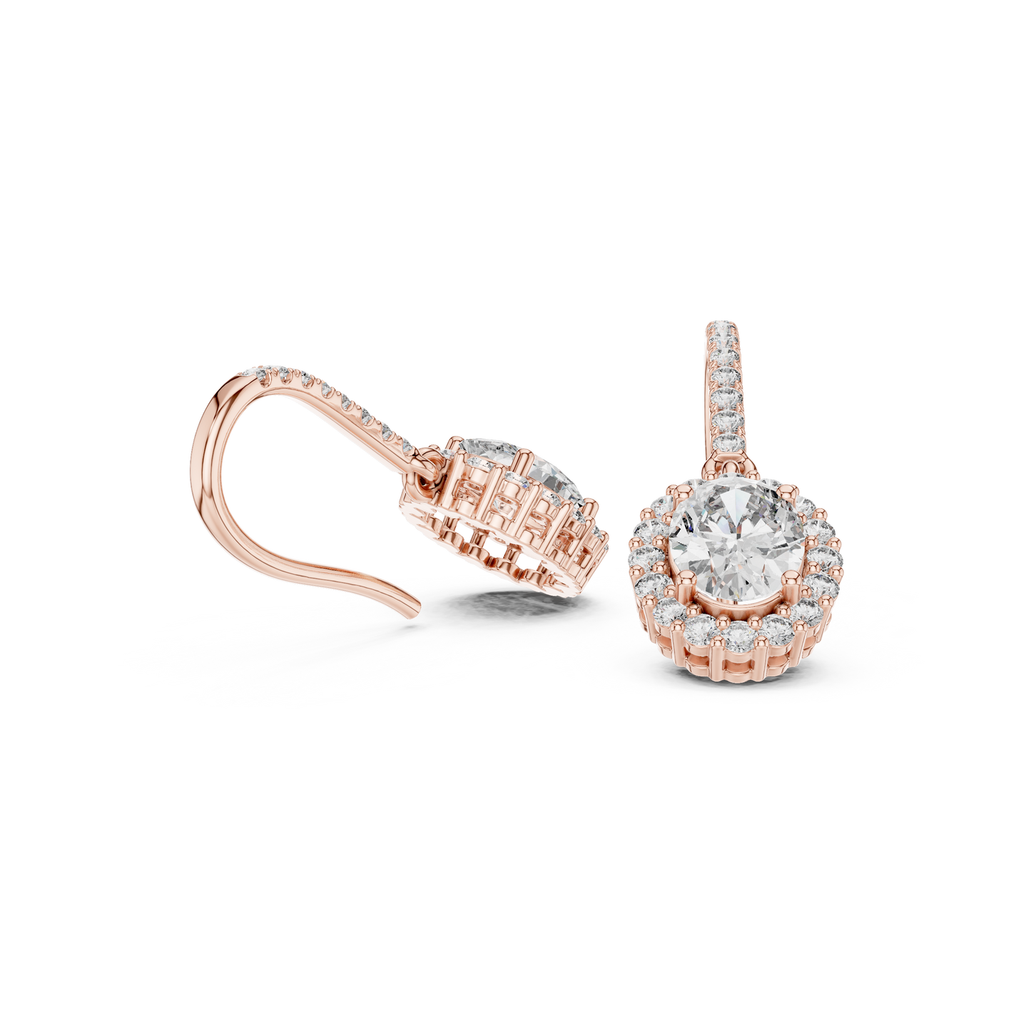 Rose Gold Diamond Dangle Earrings | Timeless Oval Halo Design