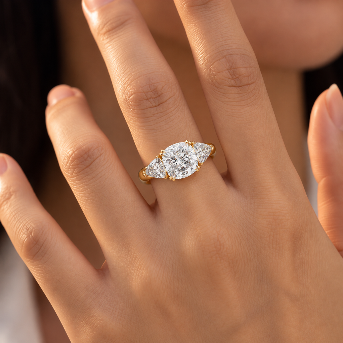 Pear Cut Lab Grown Diamond Three-Stone Engagement Ring.