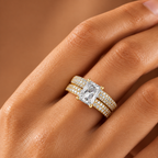 Verlobungsring mit Diamant im Smaragdschliff | Goldring mit doppeltem Halo