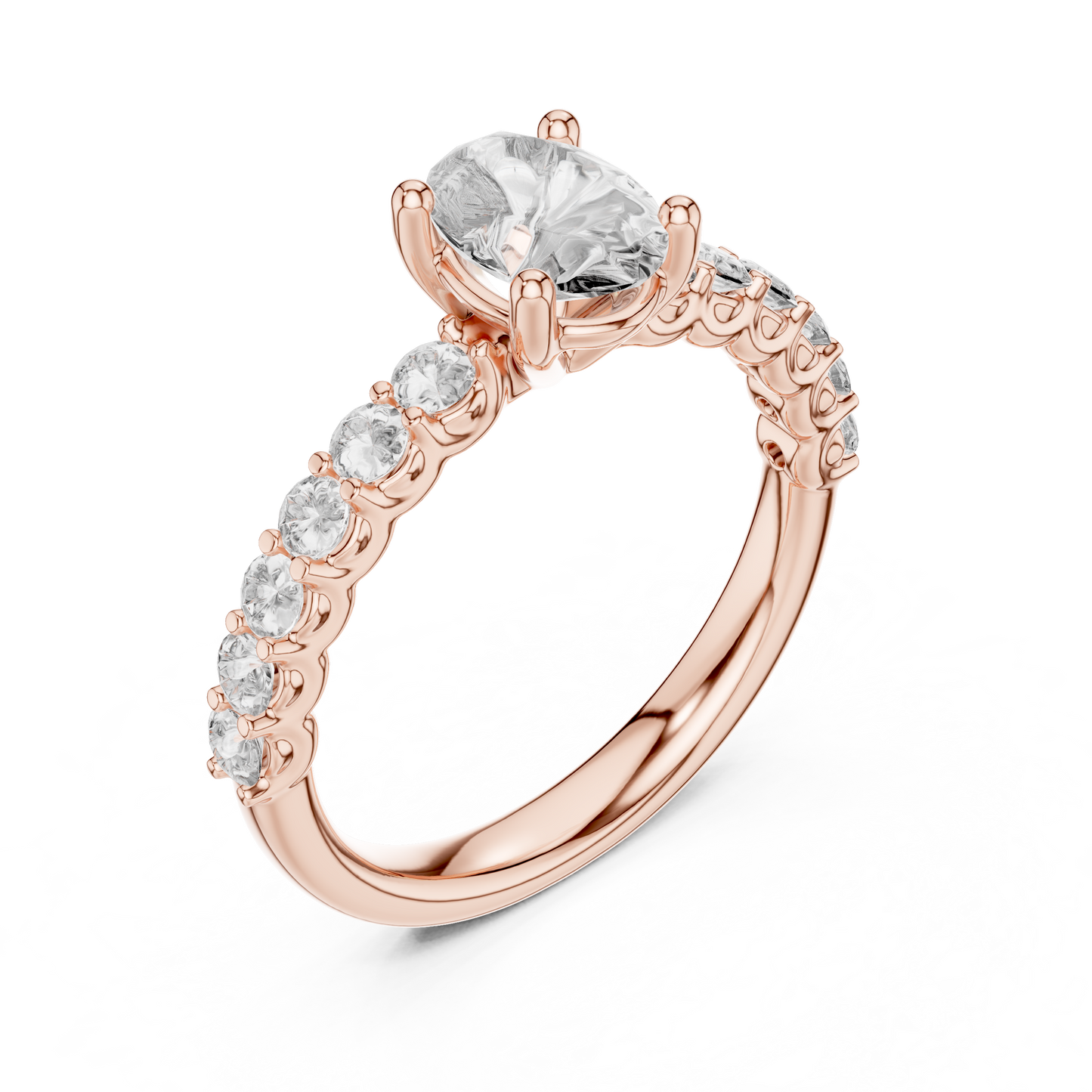 Brilliant Round Diamond on a Scalloped U-Cut Diamond Encrusted Band.