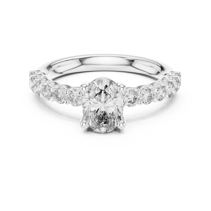 Brilliant Round Diamond on a Scalloped U-Cut Diamond Encrusted Band.