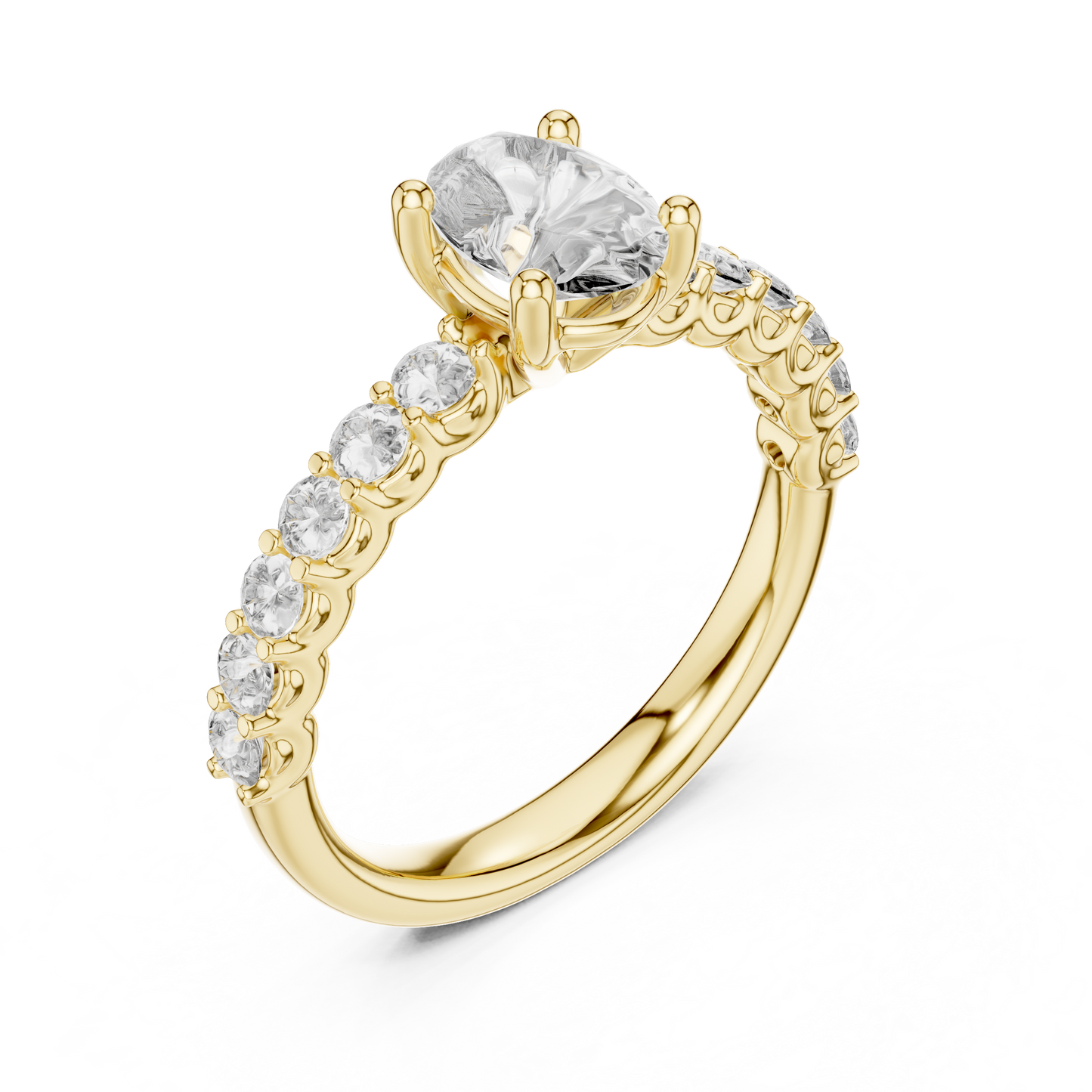 Brilliant Round Diamond on a Scalloped U-Cut Diamond Encrusted Band.