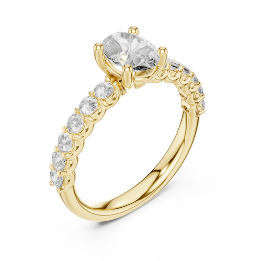Brilliant Round Diamond on a Scalloped U-Cut Diamond Encrusted Band.