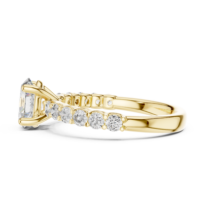 Brilliant Round Diamond on a Scalloped U-Cut Diamond Encrusted Band.