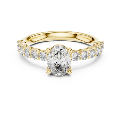 Brilliant Round Diamond on a Scalloped U-Cut Diamond Encrusted Band.