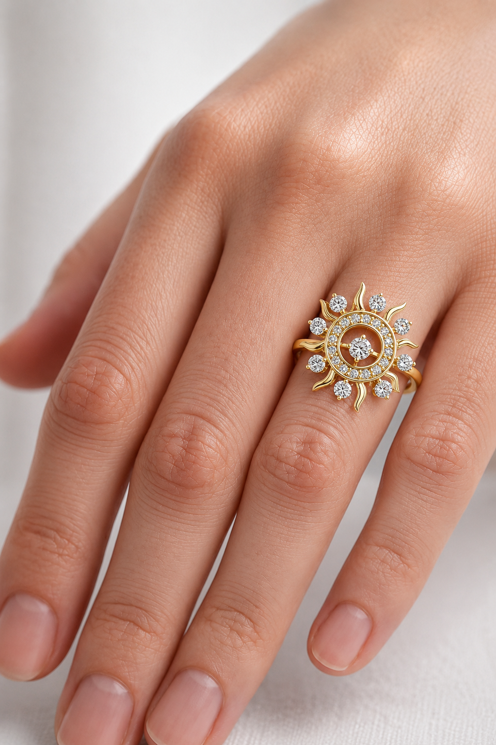Luxury Women's Diamond Sun Ring, Radiant Sunbeam Design, Fine Jewelry Gift for Her.