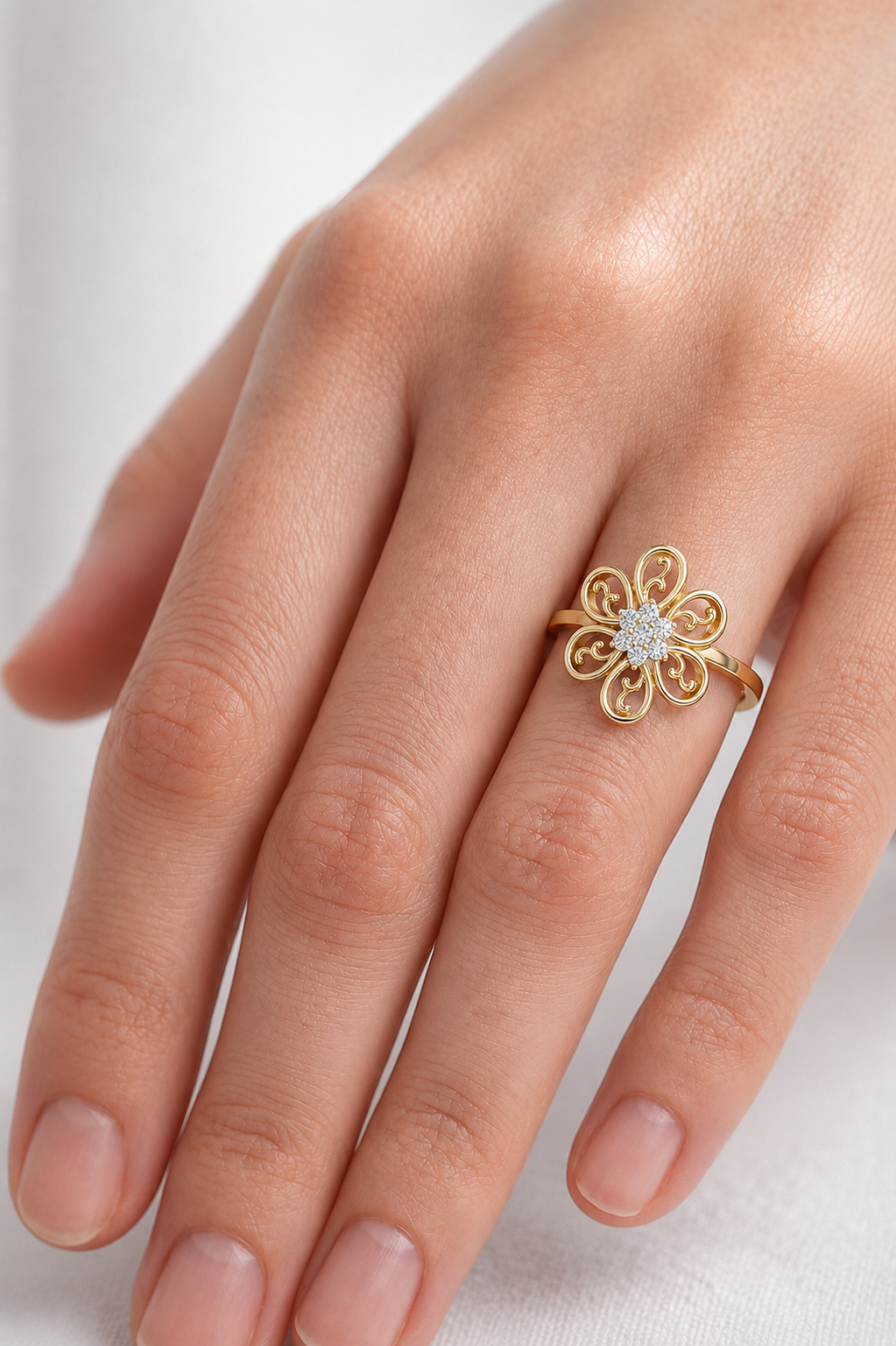 Elegant Flower Diamond Ring | Scroll Motif Statement Jewelry | Women's Fashion Ring