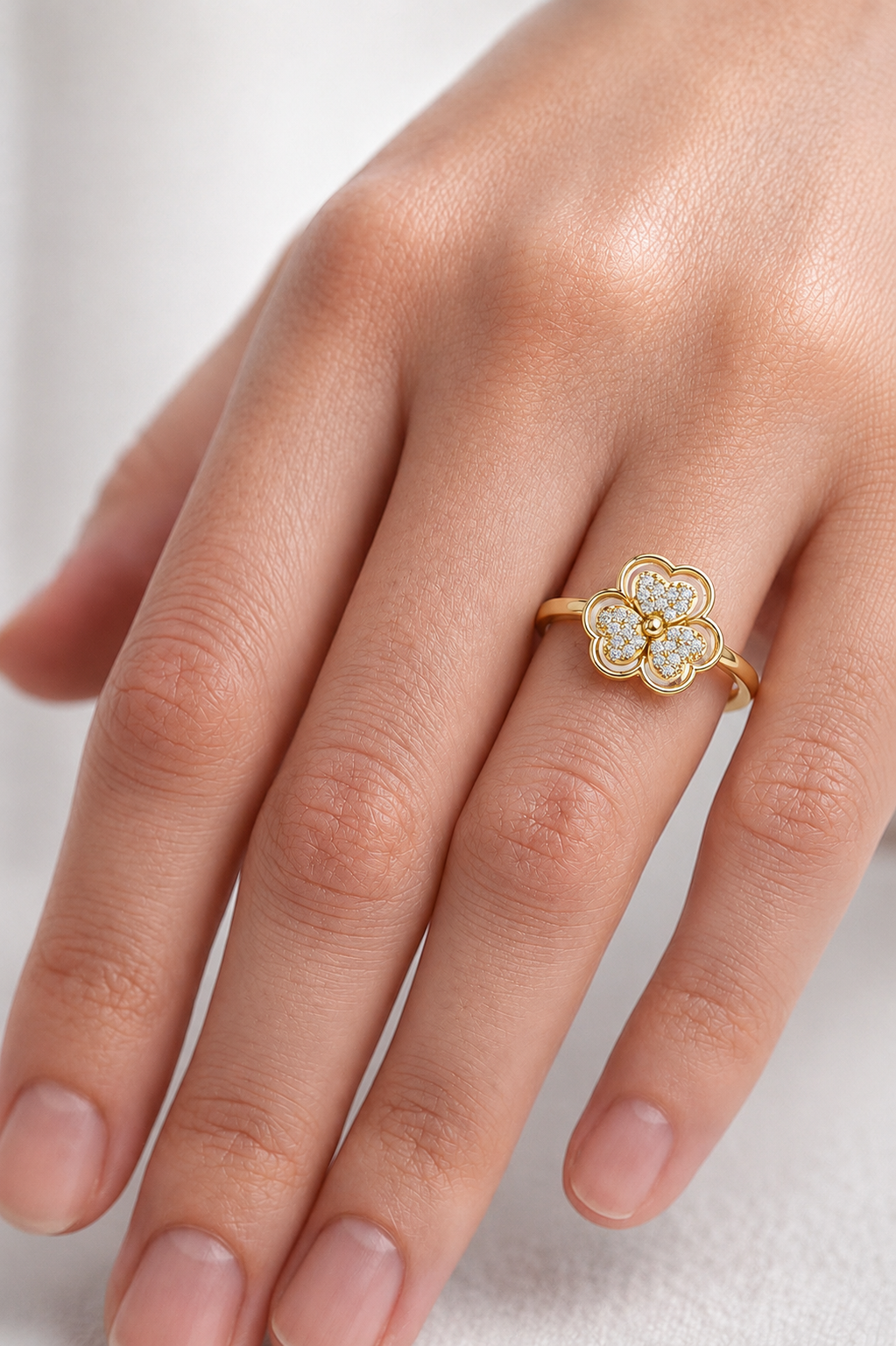 Women's Diamond Clover Statement Ring, Floral Lucky Charm Jewelry Gift