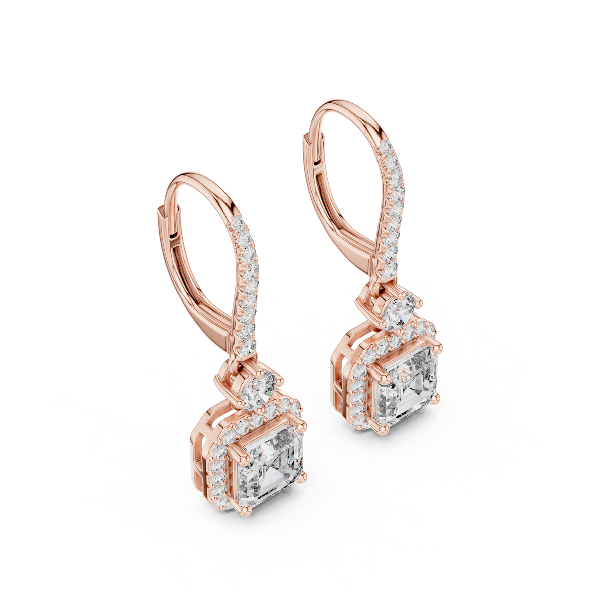 Sparkling Square Halo Diamond Leverback Earrings