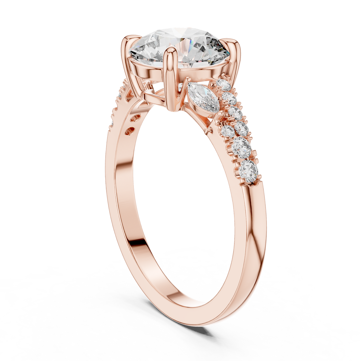 Round Cut Diamond Engagement Ring with Marquise Side Stones and Pave Band
