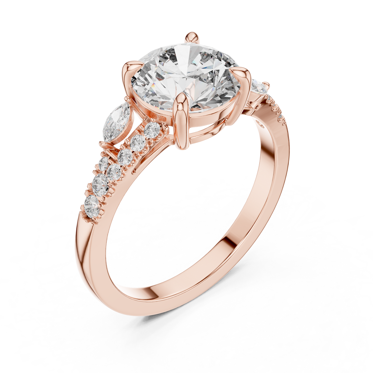 Round Cut Diamond Engagement Ring with Marquise Side Stones and Pave Band
