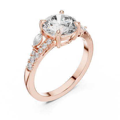 Round Cut Diamond Engagement Ring with Marquise Side Stones and Pave Band