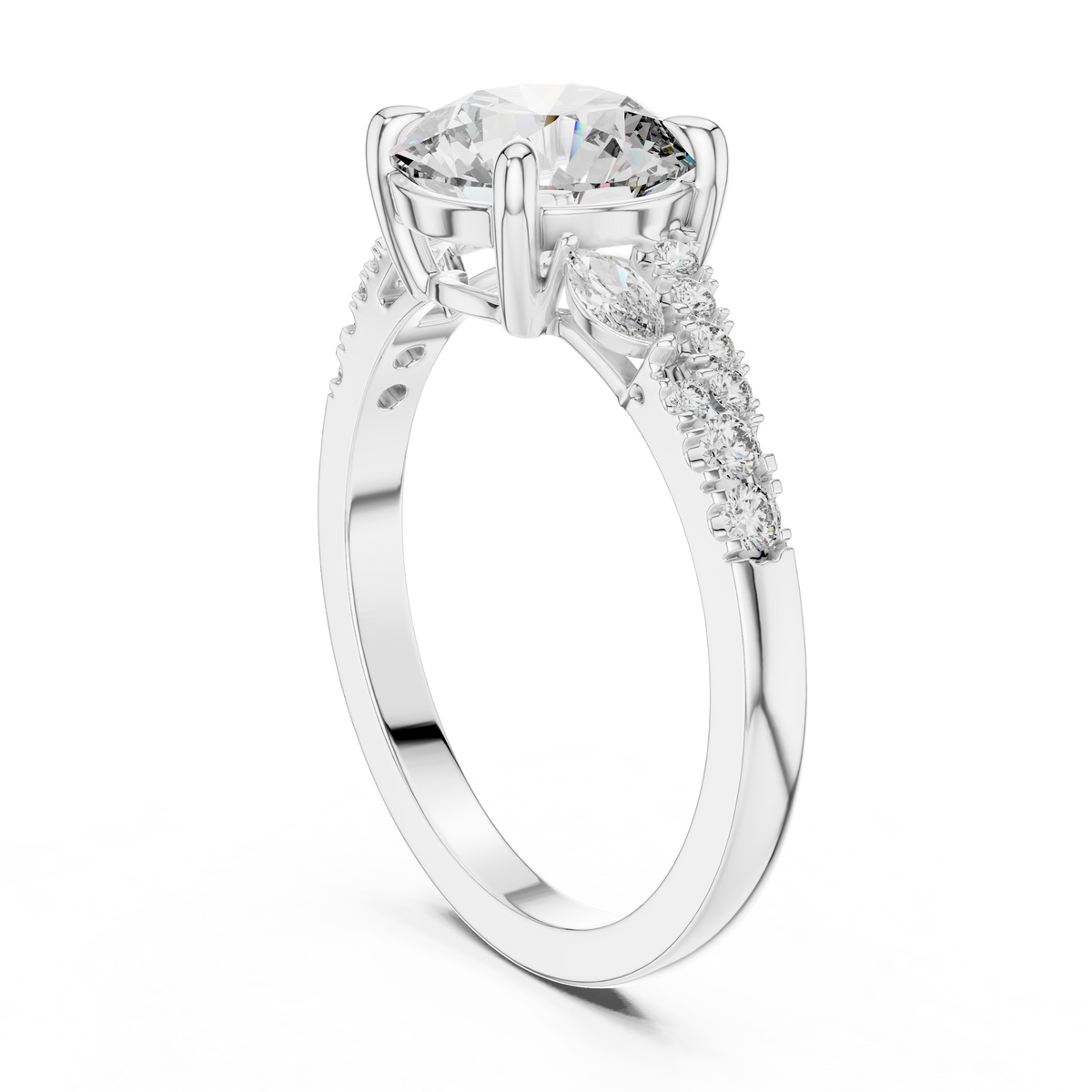 Round Cut Diamond Engagement Ring with Marquise Side Stones and Pave Band
