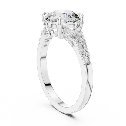 Round Cut Diamond Engagement Ring with Marquise Side Stones and Pave Band