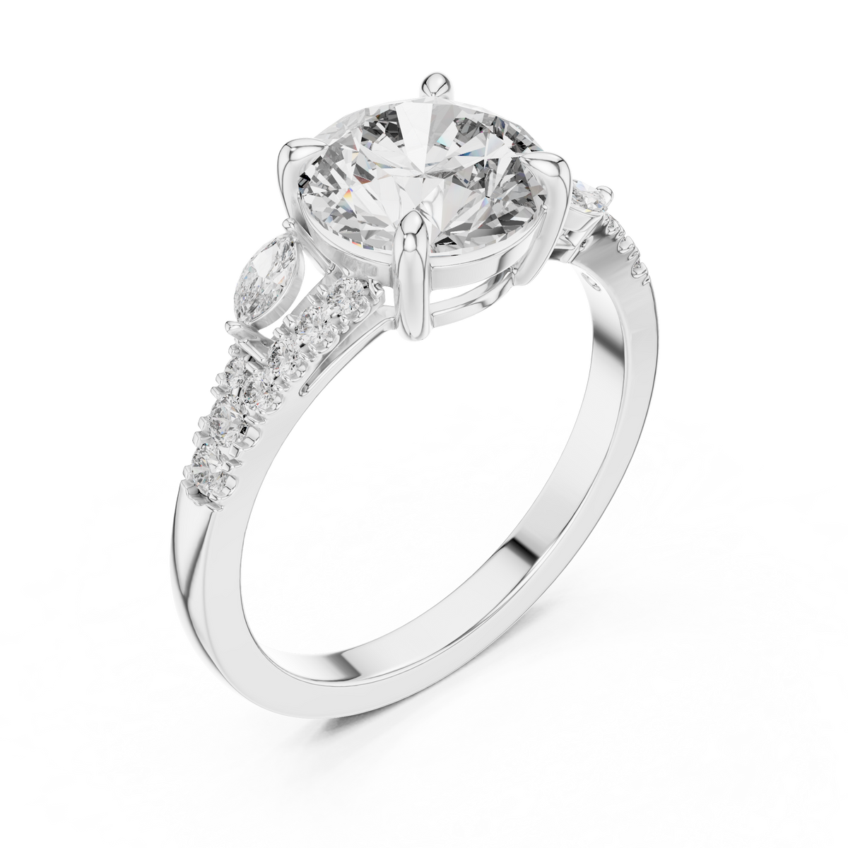 Round Cut Diamond Engagement Ring with Marquise Side Stones and Pave Band