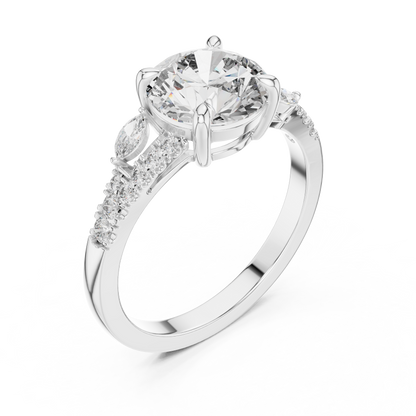 Round Cut Diamond Engagement Ring with Marquise Side Stones and Pave Band
